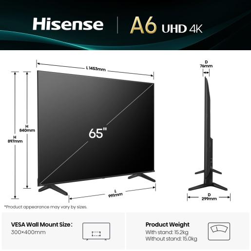 Hisense LED TV 65A6Q, 4K Ultra HD, VIDAA OS Smart TV, AI 4K Upscaler, AI Smooth Motion, Dolby Vision, Game Mode PLUS