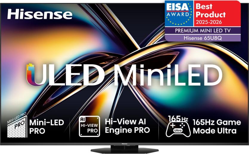 Hisense MiniLED TV 65" 65U8Q, 4K Ultra HD, VIDAA OS Smart TV, Mini-LED PRO, Hi-View AI Engine PRO, 165Hz, 4.1.2 Višekanalni Surround Zvuk