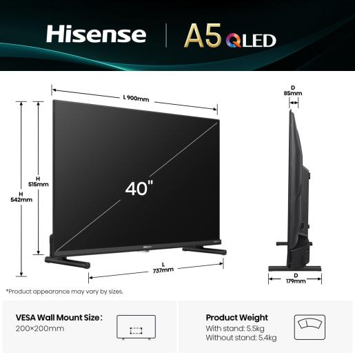 Hisense QLED TV 40" 40A5Q, FullHD, Smart TV, VIDAA OS, QLED Colour, Dolby Atmos, Smanjenje šuma, Dvostruka pozicija